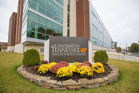 Photo of a UTHSC sign on campus. Links to Gifts of Life Insurance